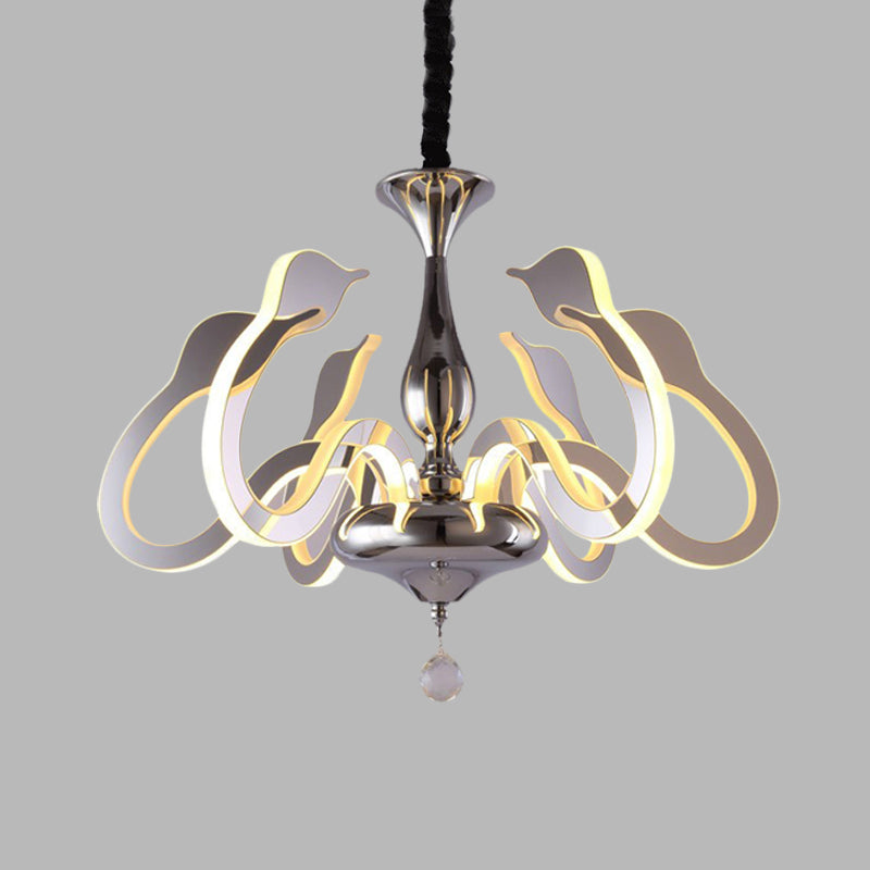 Swan Head Acrylic Chandelier Modernism 6 Bulbs Chrome Hanging Lamp in White/Warm/Natural Light with Crystal Drop Clearhalo 'Ceiling Lights' 'Chandeliers' 'Modern Chandeliers' 'Modern' Lighting' 616027