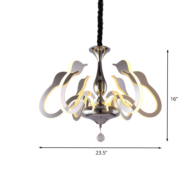 Swan Head Acrylic Chandelier Modernism 6 Bulbs Chrome Hanging Lamp in White/Warm/Natural Light with Crystal Drop Clearhalo 'Ceiling Lights' 'Chandeliers' 'Modern Chandeliers' 'Modern' Lighting' 616028