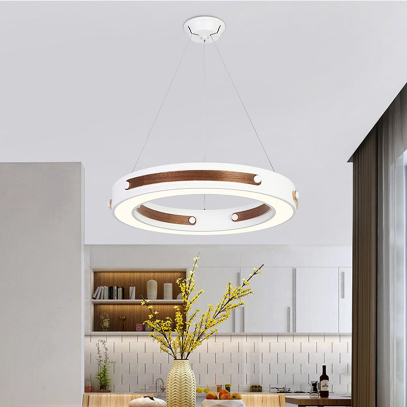 Iron Round Hanging Lighting Modernist LED White Pendant Ceiling Lamp with Wood Detail in Warm/White Light, 21.5"/27.5" Dia White Clearhalo 'Ceiling Lights' 'Modern Pendants' 'Modern' 'Pendant Lights' 'Pendants' Lighting' 616059