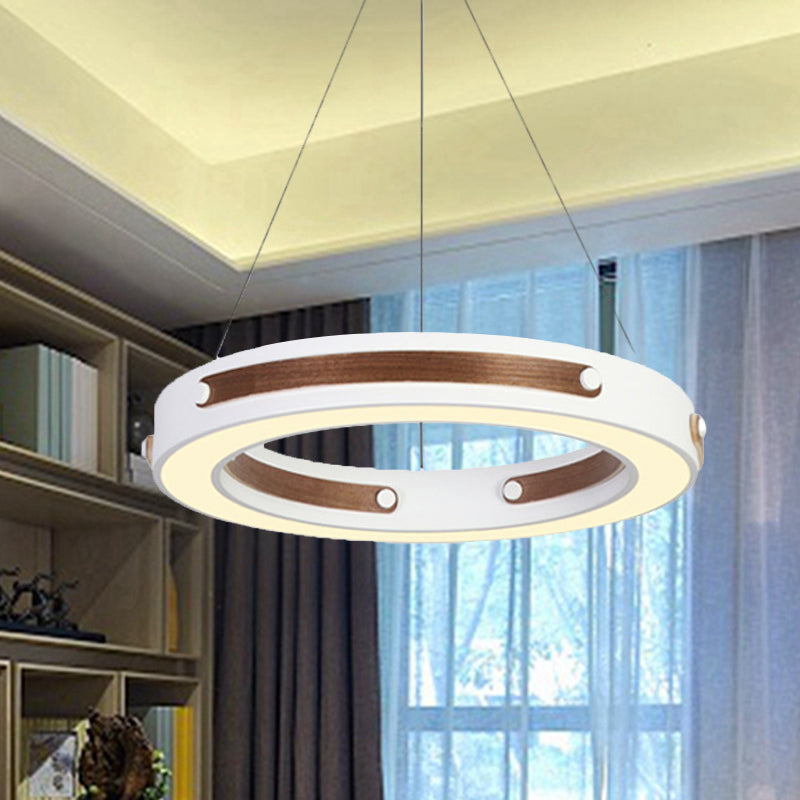 Iron Round Hanging Lighting Modernist LED White Pendant Ceiling Lamp with Wood Detail in Warm/White Light, 21.5"/27.5" Dia Clearhalo 'Ceiling Lights' 'Modern Pendants' 'Modern' 'Pendant Lights' 'Pendants' Lighting' 616060