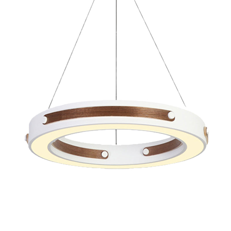 Iron Round Hanging Lighting Modernist LED White Pendant Ceiling Lamp with Wood Detail in Warm/White Light, 21.5"/27.5" Dia Clearhalo 'Ceiling Lights' 'Modern Pendants' 'Modern' 'Pendant Lights' 'Pendants' Lighting' 616061