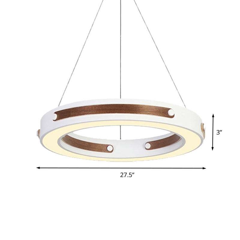 Iron Round Hanging Lighting Modernist LED White Pendant Ceiling Lamp with Wood Detail in Warm/White Light, 21.5"/27.5" Dia Clearhalo 'Ceiling Lights' 'Modern Pendants' 'Modern' 'Pendant Lights' 'Pendants' Lighting' 616064