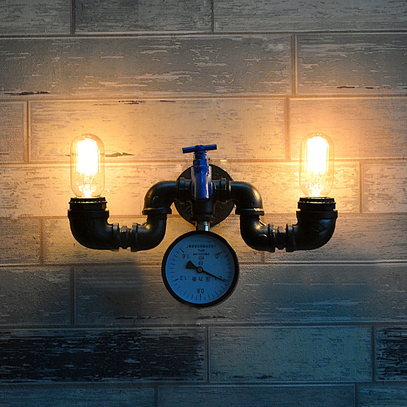 Antique Style Pipe Wall Lamp with Pressure Gauge and Faucet Deco 2 Lights Metal Sconce Lighting in Black Black Clearhalo 'Art deco wall lights' 'Cast Iron' 'Glass' 'Industrial wall lights' 'Industrial' 'Middle century wall lights' 'Modern' 'Rustic wall lights' 'Tiffany' 'Traditional wall lights' 'Wall Lamps & Sconces' 'Wall Lights' Lighting' 616161