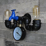 Antique Style Pipe Wall Lamp with Pressure Gauge and Faucet Deco 2 Lights Metal Sconce Lighting in Black Clearhalo 'Art deco wall lights' 'Cast Iron' 'Glass' 'Industrial wall lights' 'Industrial' 'Middle century wall lights' 'Modern' 'Rustic wall lights' 'Tiffany' 'Traditional wall lights' 'Wall Lamps & Sconces' 'Wall Lights' Lighting' 616162