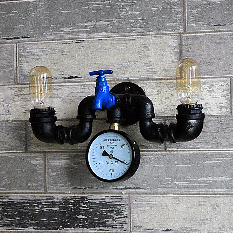 Antique Style Pipe Wall Lamp with Pressure Gauge and Faucet Deco 2 Lights Metal Sconce Lighting in Black Clearhalo 'Art deco wall lights' 'Cast Iron' 'Glass' 'Industrial wall lights' 'Industrial' 'Middle century wall lights' 'Modern' 'Rustic wall lights' 'Tiffany' 'Traditional wall lights' 'Wall Lamps & Sconces' 'Wall Lights' Lighting' 616163