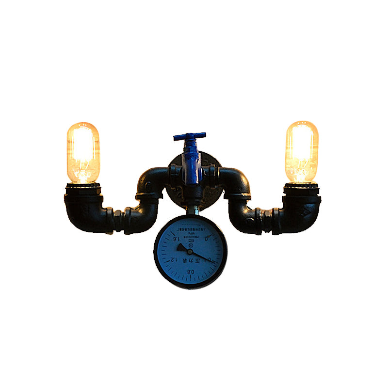 Antique Style Pipe Wall Lamp with Pressure Gauge and Faucet Deco 2 Lights Metal Sconce Lighting in Black Clearhalo 'Art deco wall lights' 'Cast Iron' 'Glass' 'Industrial wall lights' 'Industrial' 'Middle century wall lights' 'Modern' 'Rustic wall lights' 'Tiffany' 'Traditional wall lights' 'Wall Lamps & Sconces' 'Wall Lights' Lighting' 616164