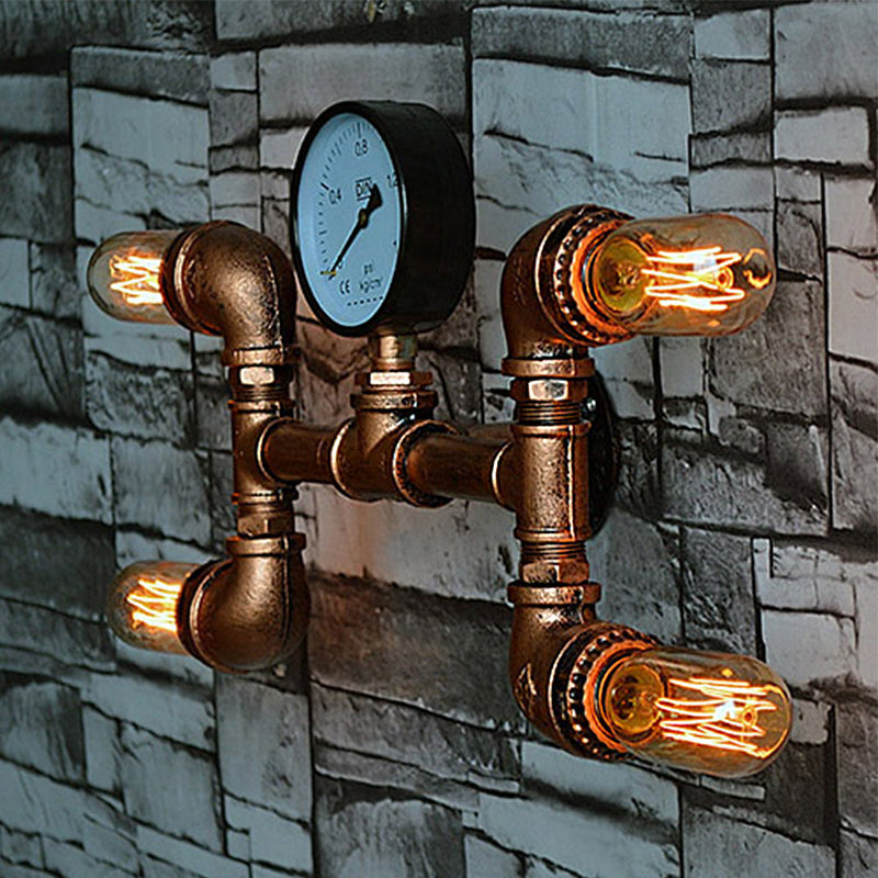 Bare Bulb Dining Room Wall Light Sconce with Gauge Deco Rustic Style Iron 4 Lights Copper Wall Mount Lamp Clearhalo 'Art deco wall lights' 'Cast Iron' 'Glass' 'Industrial wall lights' 'Industrial' 'Middle century wall lights' 'Modern' 'Rustic wall lights' 'Tiffany' 'Traditional wall lights' 'Wall Lamps & Sconces' 'Wall Lights' Lighting' 616167