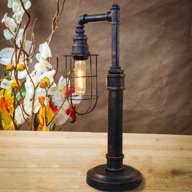 Bronze Finish Cylinder/Bulb Shade Standing Table Light Steampunk Wrought Iron 1 Head Table Lamp Clearhalo 'Lamps' 'Table Lamps' Lighting' 616210