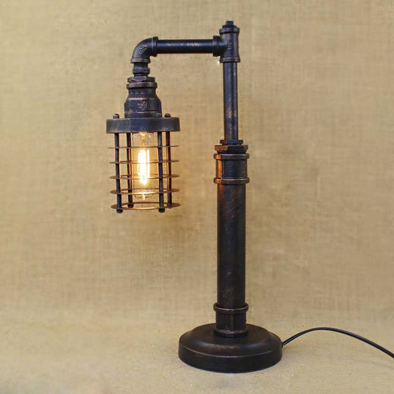 Bronze Finish Cylinder/Bulb Shade Standing Table Light Steampunk Wrought Iron 1 Head Table Lamp Clearhalo 'Lamps' 'Table Lamps' Lighting' 616214