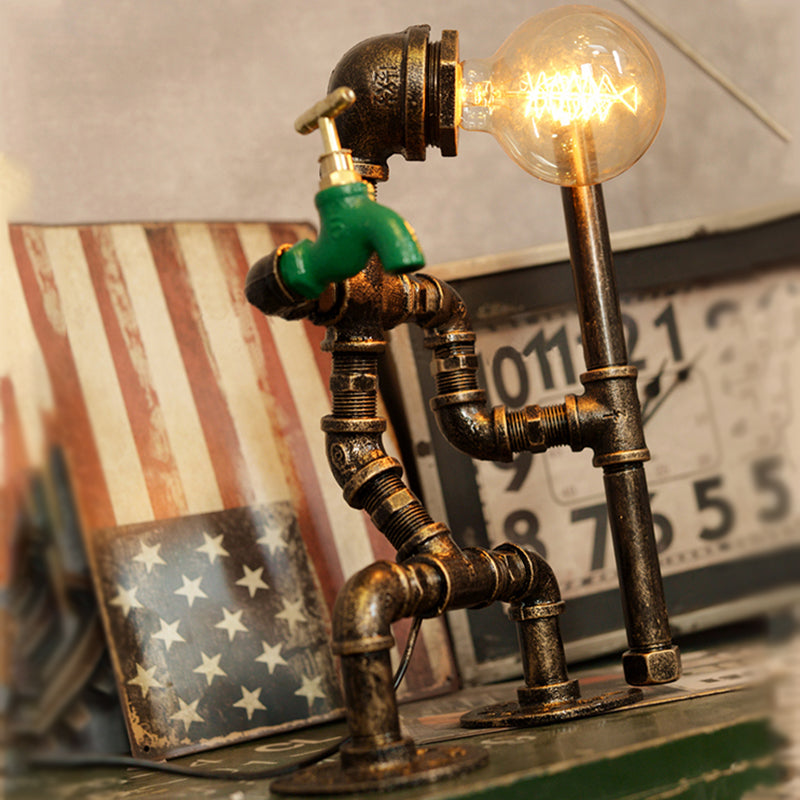 Wrought Iron Robot Table Lamp with Plumbing Pipe Rustic Style 1 Bulb Bedroom Table Lighting in Antique Brass Clearhalo 'Lamps' 'Table Lamps' Lighting' 616229