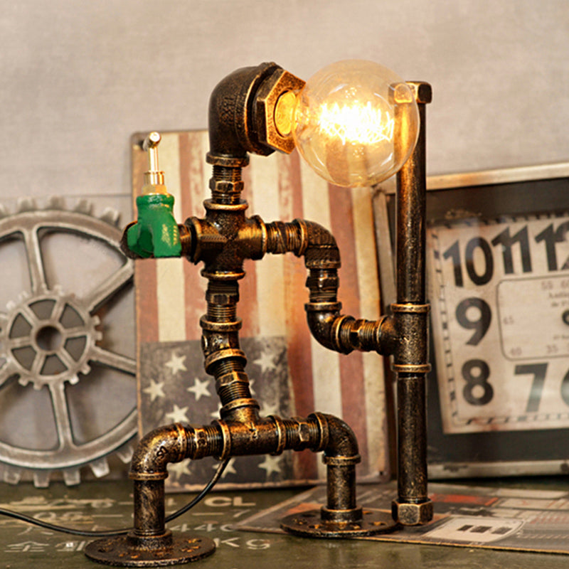 Wrought Iron Robot Table Lamp with Plumbing Pipe Rustic Style 1 Bulb Bedroom Table Lighting in Antique Brass Clearhalo 'Lamps' 'Table Lamps' Lighting' 616230