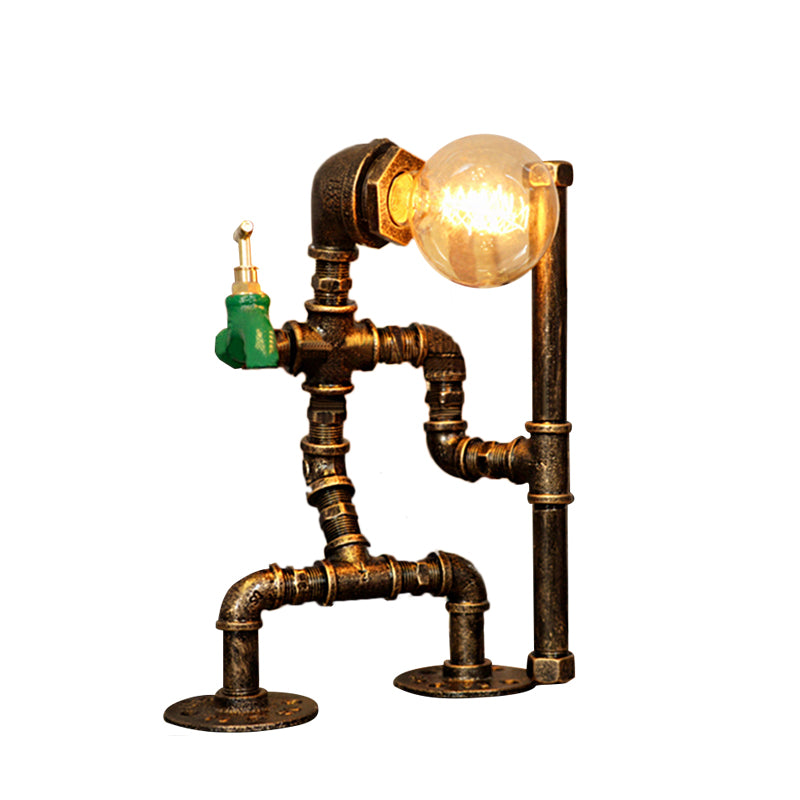 Wrought Iron Robot Table Lamp with Plumbing Pipe Rustic Style 1 Bulb Bedroom Table Lighting in Antique Brass Clearhalo 'Lamps' 'Table Lamps' Lighting' 616231