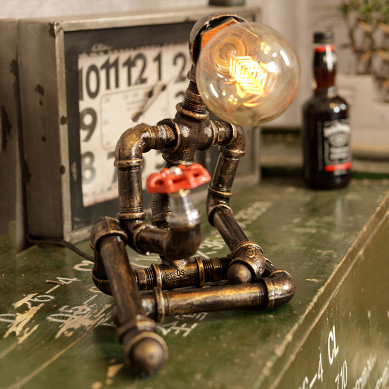 Wrought Iron Robot Table Lamp with Plumbing Pipe Rustic Style 1 Bulb Bedroom Table Lighting in Antique Brass Antique Brass B Clearhalo 'Lamps' 'Table Lamps' Lighting' 616233