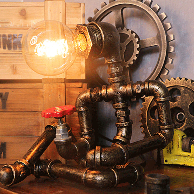 Wrought Iron Robot Table Lamp with Plumbing Pipe Rustic Style 1 Bulb Bedroom Table Lighting in Antique Brass Clearhalo 'Lamps' 'Table Lamps' Lighting' 616235