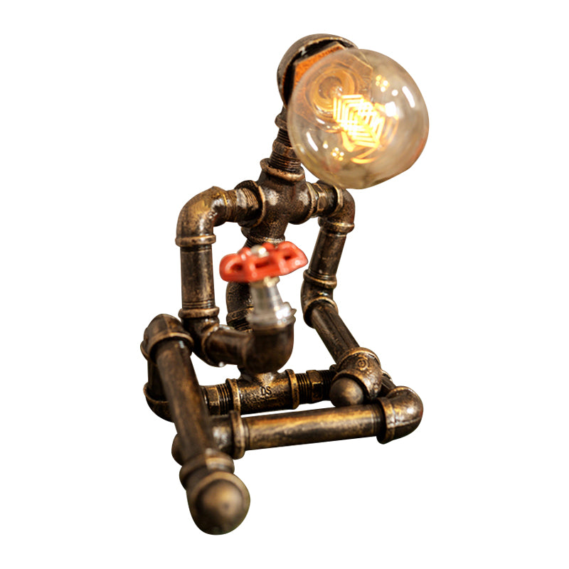 Wrought Iron Robot Table Lamp with Plumbing Pipe Rustic Style 1 Bulb Bedroom Table Lighting in Antique Brass Clearhalo 'Lamps' 'Table Lamps' Lighting' 616236