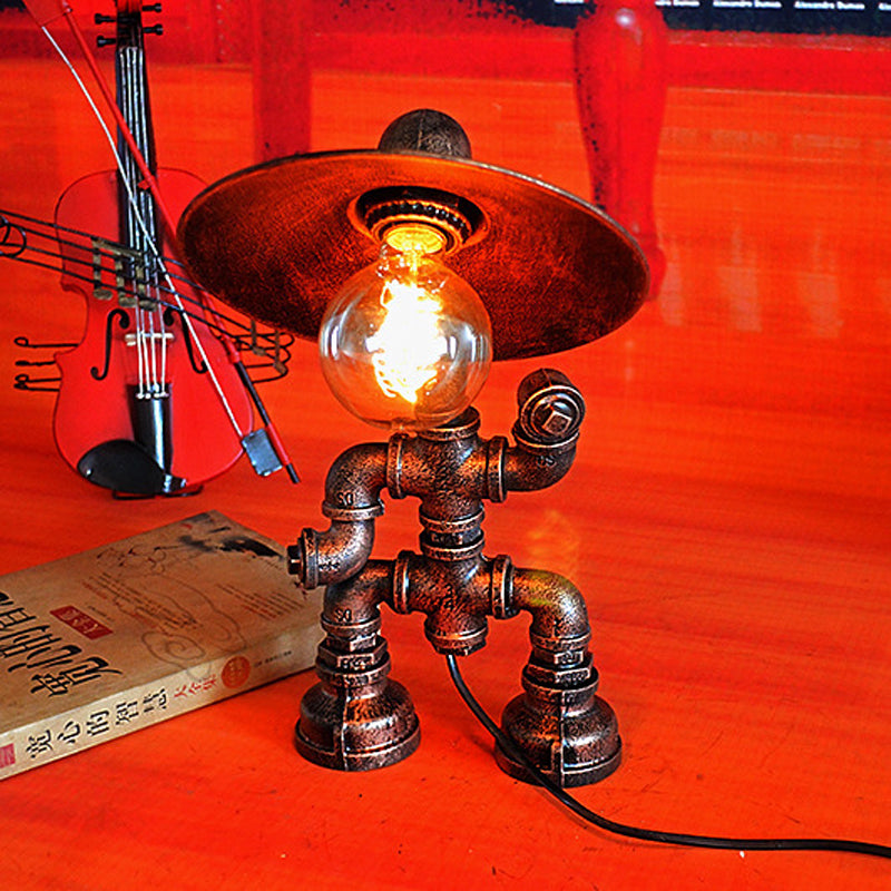 Wrought Iron Robot Table Lamp with Plumbing Pipe Rustic Style 1 Bulb Bedroom Table Lighting in Antique Brass Clearhalo 'Lamps' 'Table Lamps' Lighting' 616240