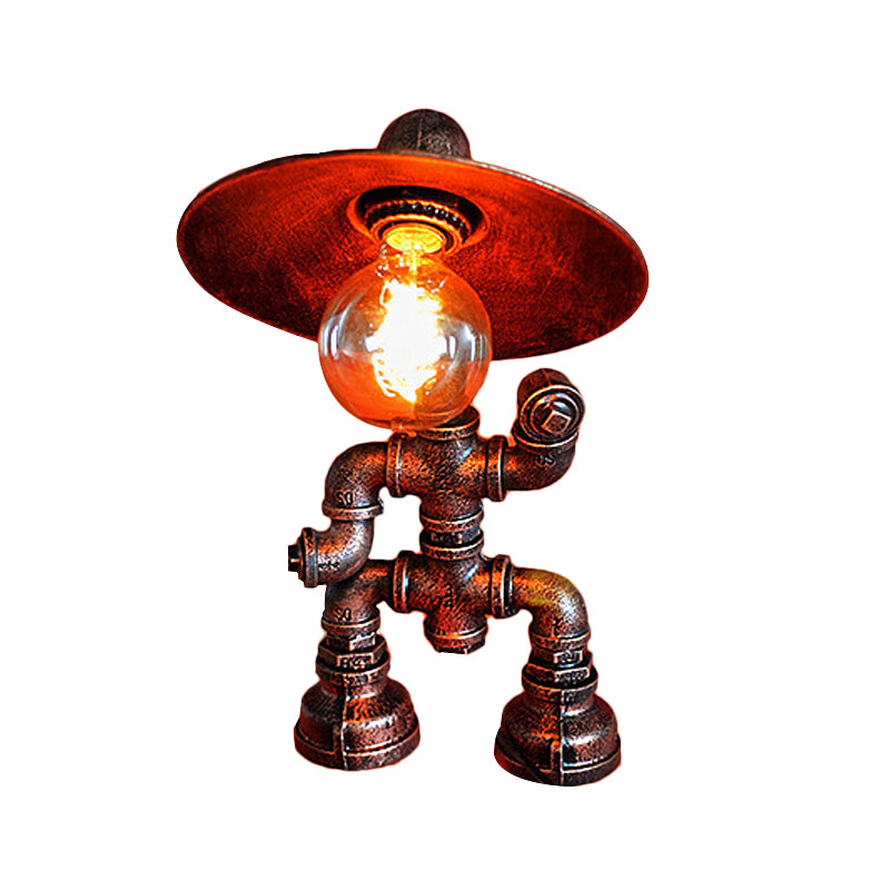 Wrought Iron Robot Table Lamp with Plumbing Pipe Rustic Style 1 Bulb Bedroom Table Lighting in Antique Brass Clearhalo 'Lamps' 'Table Lamps' Lighting' 616241