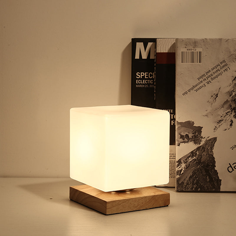 Single Bulb Globe/Cylinder/Square Shade Reading Book Light Modern Wood White Glass Task Lighting Clearhalo 'Lamps' 'Table Lamps' Lighting' 616269