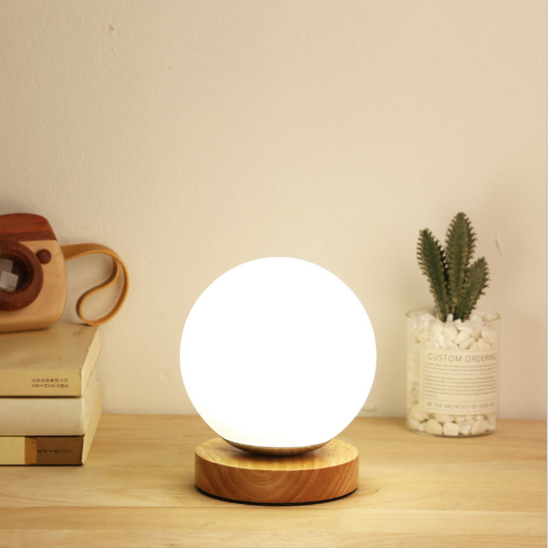 Single Bulb Globe/Cylinder/Square Shade Reading Book Light Modern Wood White Glass Task Lighting Clearhalo 'Lamps' 'Table Lamps' Lighting' 616274