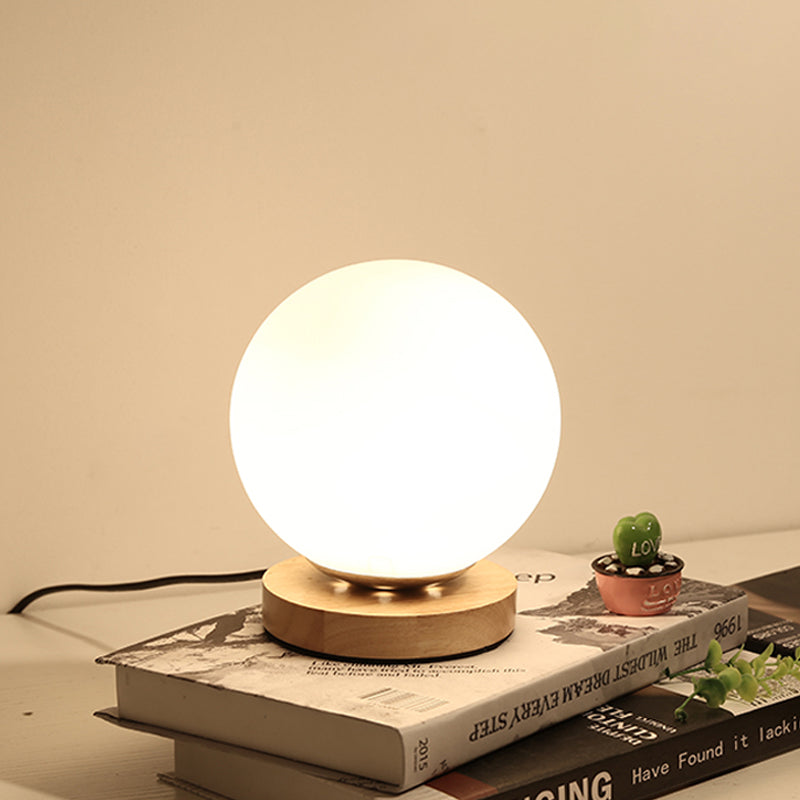 Single Bulb Globe/Cylinder/Square Shade Reading Book Light Modern Wood White Glass Task Lighting Clearhalo 'Lamps' 'Table Lamps' Lighting' 616275