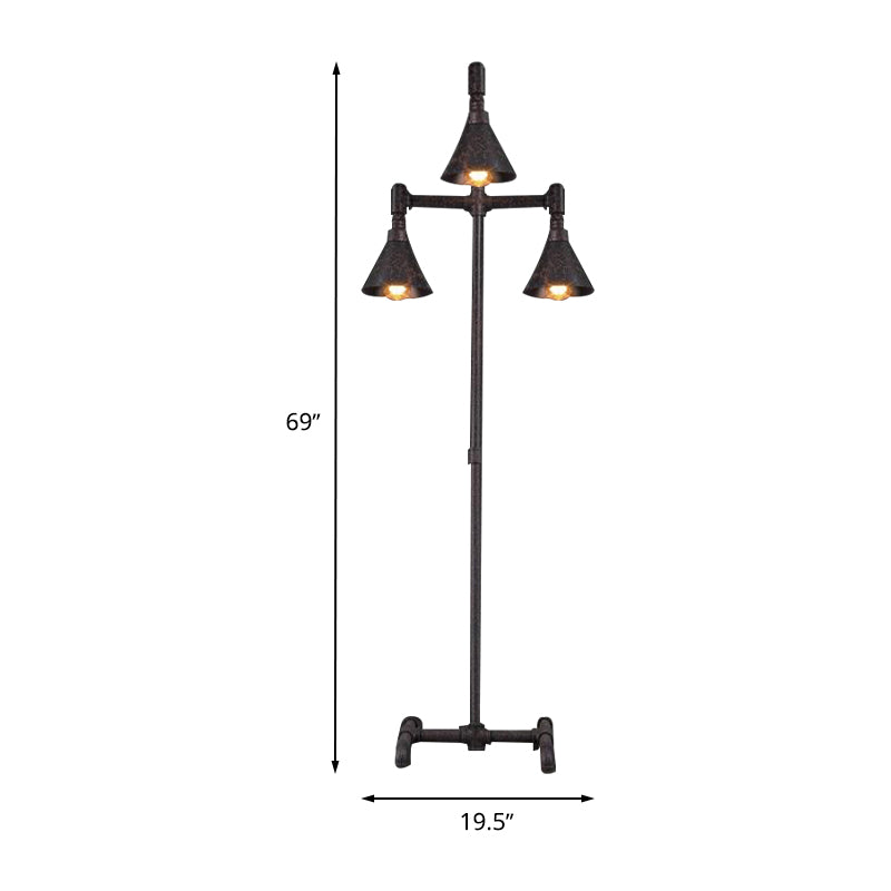 3-Light Iron Floor Light Antique Style Dark Rust Conical Shade Indoor Floor Lamp with Pipe Design Clearhalo 'Floor Lamps' 'Lamps' Lighting' 616404