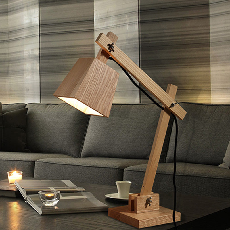 Modern Industrial Tapered Wood Table Lamp 1-Head Reading Light with Adjustable Arm for Study Room Wood Clearhalo 'Lamps' 'Table Lamps' Lighting' 616405