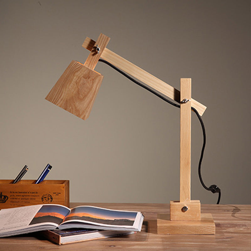 Modern Industrial Tapered Wood Table Lamp 1-Head Reading Light with Adjustable Arm for Study Room Clearhalo 'Lamps' 'Table Lamps' Lighting' 616406