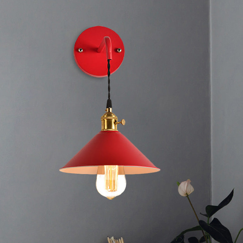 Gray/Red Conic Wall Mounted Light Vintage Style Metal 1 Bulb Living Room Wall Hanging Light Red Clearhalo 'Cast Iron' 'Glass' 'Industrial' 'Modern wall lights' 'Modern' 'Tiffany' 'Traditional wall lights' 'Wall Lamps & Sconces' 'Wall Lights' Lighting' 616437