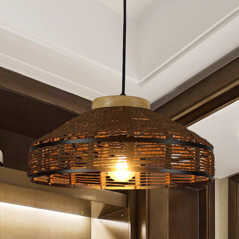 Brown Barn Shade Pendant Light Rustic Single Light Woven Rattan Suspension Lamp with Wooden Cap for Restaurant Brown Clearhalo 'Ceiling Lights' 'Pendant Lights' 'Pendants' Lighting' 616610_4d7fc401-36d1-422d-8406-6b93050d2abe