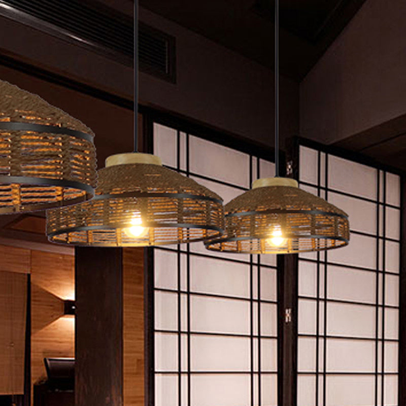 Brown Barn Shade Pendant Light Rustic Single Light Woven Rattan Suspension Lamp with Wooden Cap for Restaurant Clearhalo 'Ceiling Lights' 'Pendant Lights' 'Pendants' Lighting' 616611