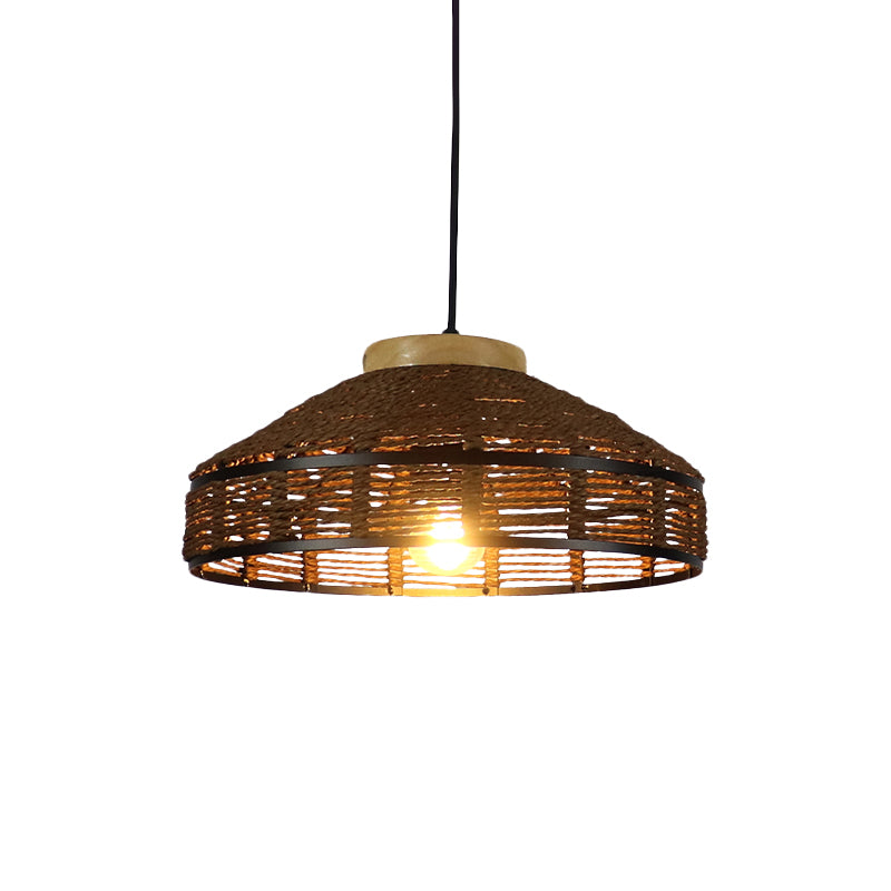 Brown Barn Shade Pendant Light Rustic Single Light Woven Rattan Suspension Lamp with Wooden Cap for Restaurant Clearhalo 'Ceiling Lights' 'Pendant Lights' 'Pendants' Lighting' 616613