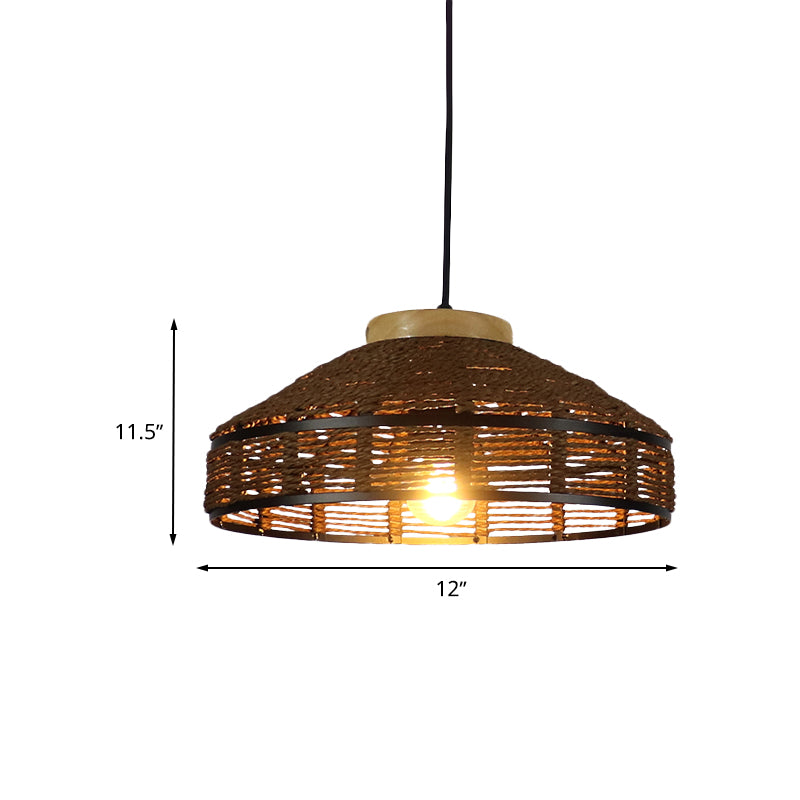 Brown Barn Shade Pendant Light Rustic Single Light Woven Rattan Suspension Lamp with Wooden Cap for Restaurant Clearhalo 'Ceiling Lights' 'Pendant Lights' 'Pendants' Lighting' 616614