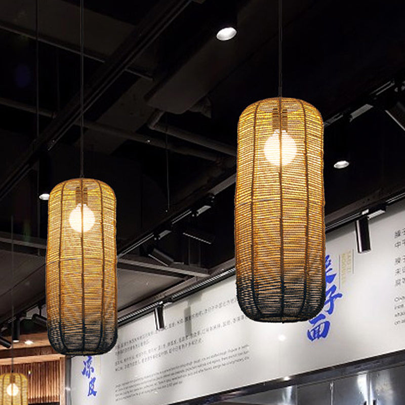 Beige and Blue Curved/Elongated Hanging Light Contemporary 1 Light Hemp Rope Pendant Lighting for Restaurant, 6.5"/8.5"/14" Wide Clearhalo 'Ceiling Lights' 'Pendant Lights' 'Pendants' Lighting' 616626