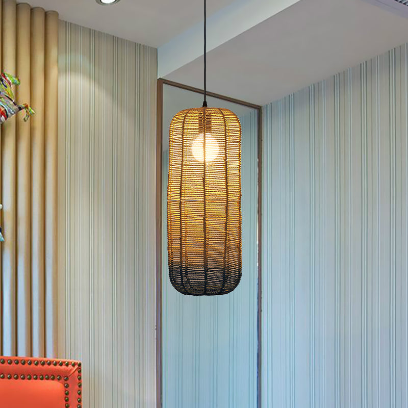 Beige and Blue Curved/Elongated Hanging Light Contemporary 1 Light Hemp Rope Pendant Lighting for Restaurant, 6.5"/8.5"/14" Wide Clearhalo 'Ceiling Lights' 'Pendant Lights' 'Pendants' Lighting' 616627