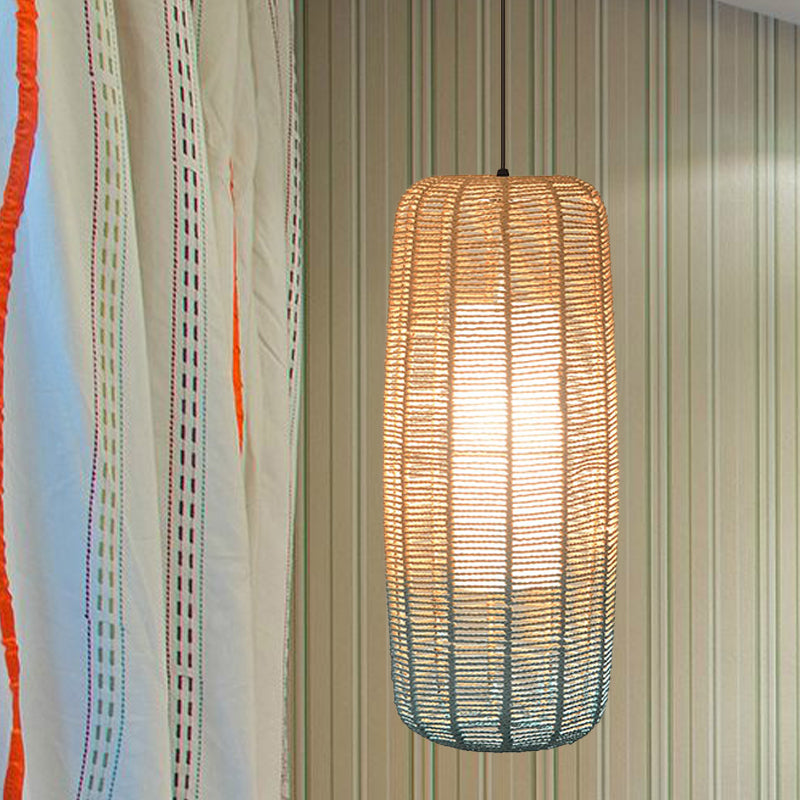 Beige and Blue Curved/Elongated Hanging Light Contemporary 1 Light Hemp Rope Pendant Lighting for Restaurant, 6.5"/8.5"/14" Wide Clearhalo 'Ceiling Lights' 'Pendant Lights' 'Pendants' Lighting' 616630