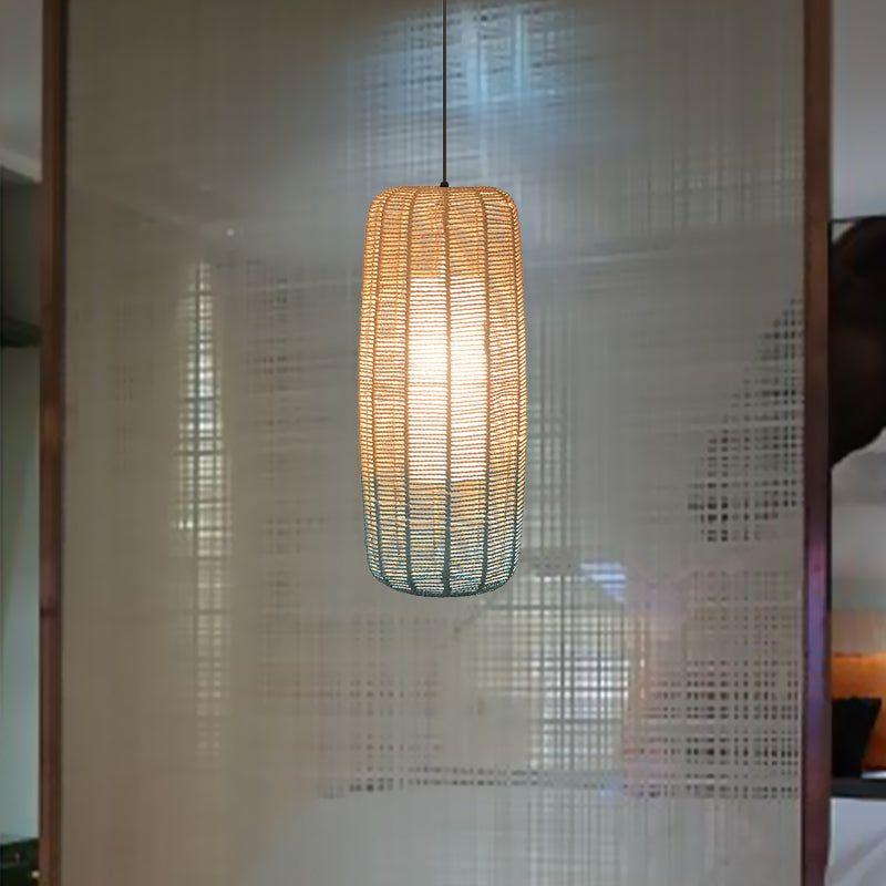 Beige and Blue Curved/Elongated Hanging Light Contemporary 1 Light Hemp Rope Pendant Lighting for Restaurant, 6.5"/8.5"/14" Wide Clearhalo 'Ceiling Lights' 'Pendant Lights' 'Pendants' Lighting' 616632