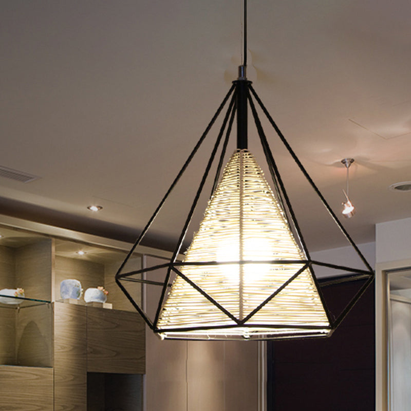 15"/18"/19.5" Wide Diamond Rattan Hanging Pendant Modern 1 Light Beige Hanging Ceiling Light for Kitchen Island Beige Clearhalo 'Ceiling Lights' 'Modern Pendants' 'Modern' 'Pendant Lights' 'Pendants' Lighting' 616635