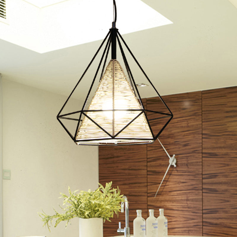 15"/18"/19.5" Wide Diamond Rattan Hanging Pendant Modern 1 Light Beige Hanging Ceiling Light for Kitchen Island Clearhalo 'Ceiling Lights' 'Modern Pendants' 'Modern' 'Pendant Lights' 'Pendants' Lighting' 616636