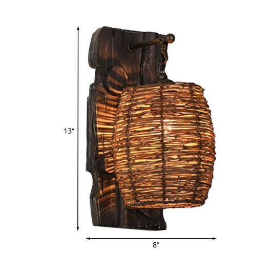 Hand-Woven Rattan Wall Light Fixture Lodge Style 1-Head Brown Sconce Lighting for Bedside, A/B Clearhalo 'Wall Lamps & Sconces' 'Wall Lights' Lighting' 616656