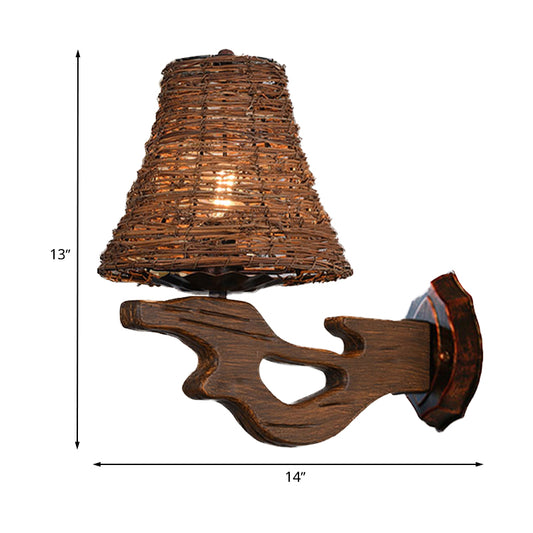 Hand-Woven Rattan Wall Light Fixture Lodge Style 1-Head Brown Sconce Lighting for Bedside, A/B Clearhalo 'Wall Lamps & Sconces' 'Wall Lights' Lighting' 616661