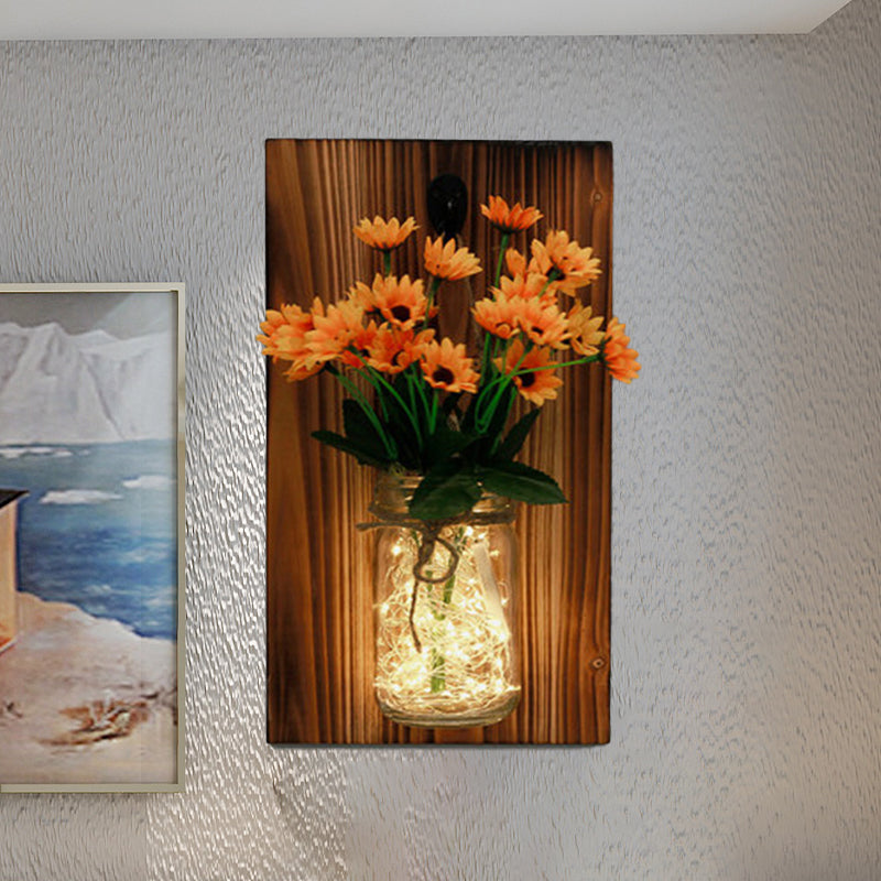 Beige/Orange/White Floral Wall Lamp Contemporary String Light with Wood Backplate Orange Clearhalo 'Wall Lamps & Sconces' 'Wall Lights' Lighting' 616700