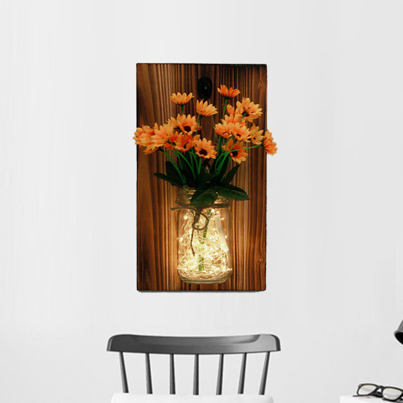 Beige/Orange/White Floral Wall Lamp Contemporary String Light with Wood Backplate Clearhalo 'Wall Lamps & Sconces' 'Wall Lights' Lighting' 616702