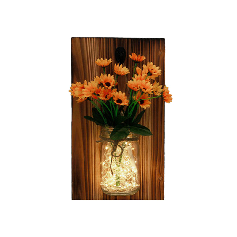 Beige/Orange/White Floral Wall Lamp Contemporary String Light with Wood Backplate Clearhalo 'Wall Lamps & Sconces' 'Wall Lights' Lighting' 616703