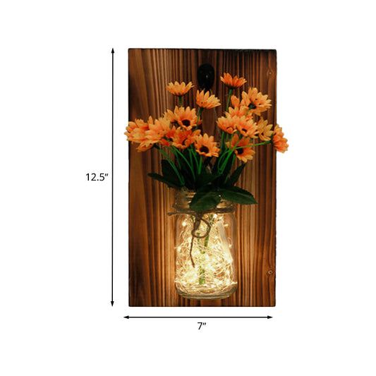 Beige/Orange/White Floral Wall Lamp Contemporary String Light with Wood Backplate Clearhalo 'Wall Lamps & Sconces' 'Wall Lights' Lighting' 616704