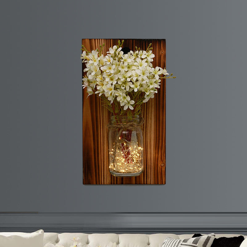 Beige/Orange/White Floral Wall Lamp Contemporary String Light with Wood Backplate Clearhalo 'Wall Lamps & Sconces' 'Wall Lights' Lighting' 616711