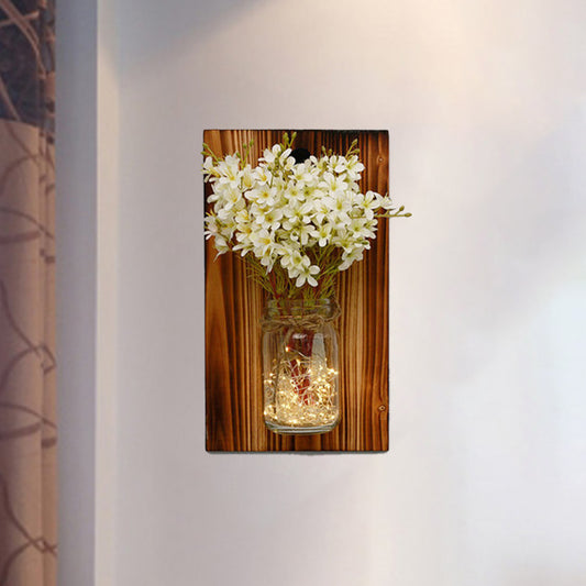 Beige/Orange/White Floral Wall Lamp Contemporary String Light with Wood Backplate Clearhalo 'Wall Lamps & Sconces' 'Wall Lights' Lighting' 616712