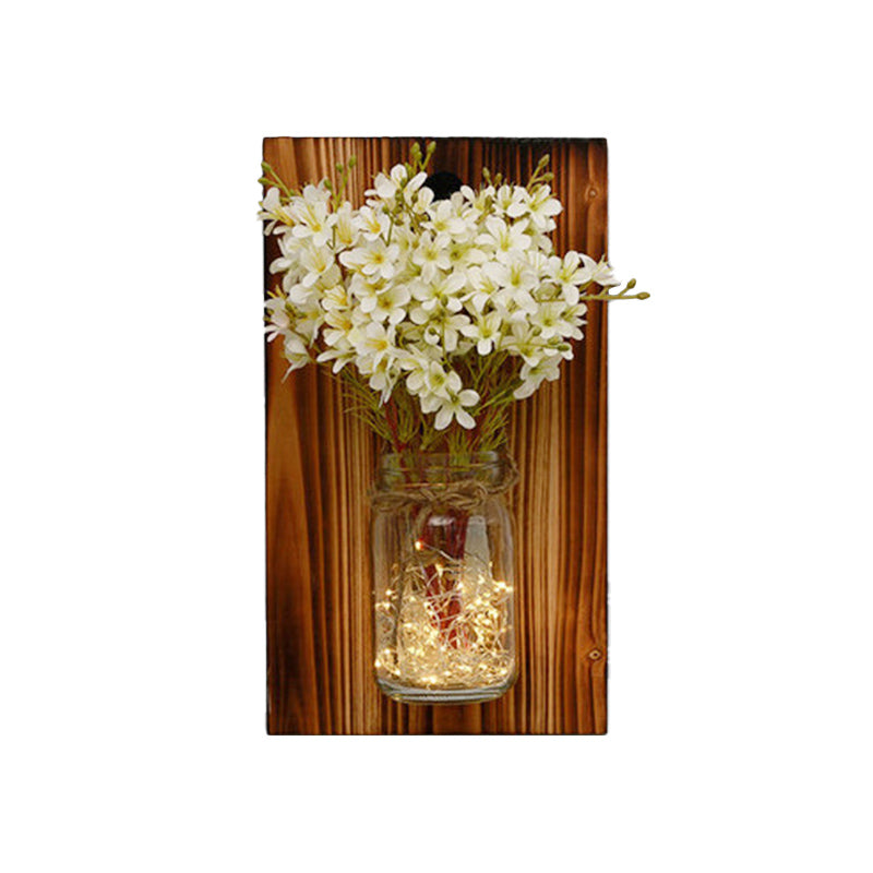 Beige/Orange/White Floral Wall Lamp Contemporary String Light with Wood Backplate Clearhalo 'Wall Lamps & Sconces' 'Wall Lights' Lighting' 616713