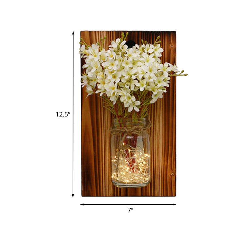 Beige/Orange/White Floral Wall Lamp Contemporary String Light with Wood Backplate Clearhalo 'Wall Lamps & Sconces' 'Wall Lights' Lighting' 616714