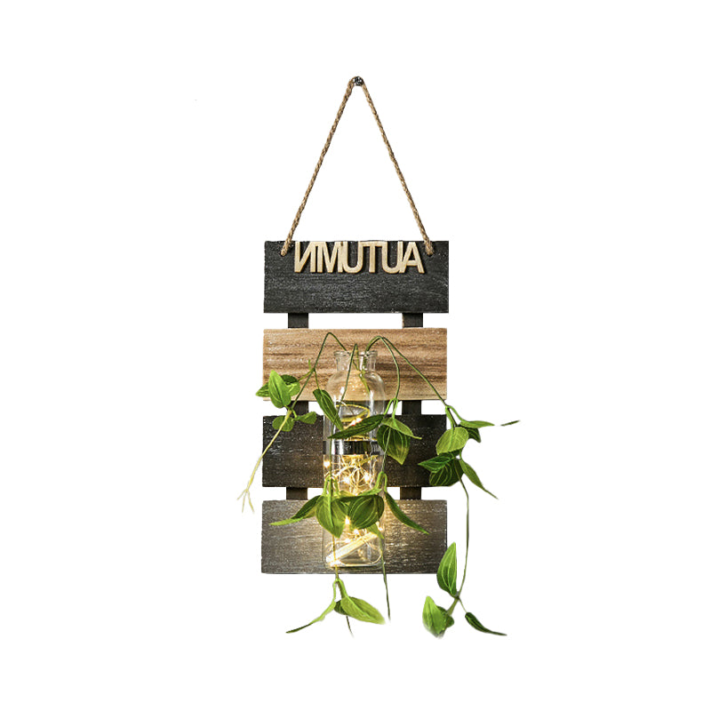 Dark Green/Light Green/Yellow Plant Wall Light Rustic String Light with Wooden Backplate Clearhalo 'Wall Lamps & Sconces' 'Wall Lights' Lighting' 616718