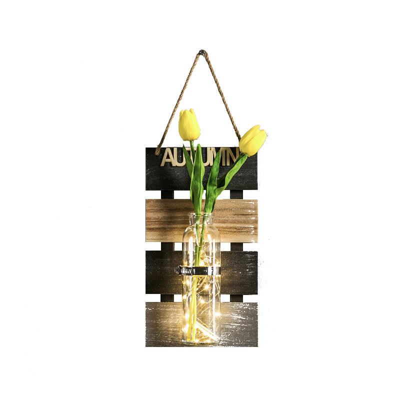 Dark Green/Light Green/Yellow Plant Wall Light Rustic String Light with Wooden Backplate Clearhalo 'Wall Lamps & Sconces' 'Wall Lights' Lighting' 616723